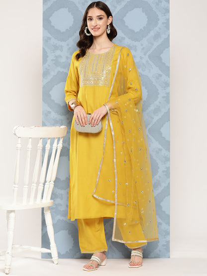 Women's Yellow Embroidered Straight Kurta With Palazzo And Net Dupatta