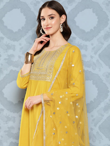 Women's Yellow Embroidered Straight Kurta With Palazzo And Net Dupatta