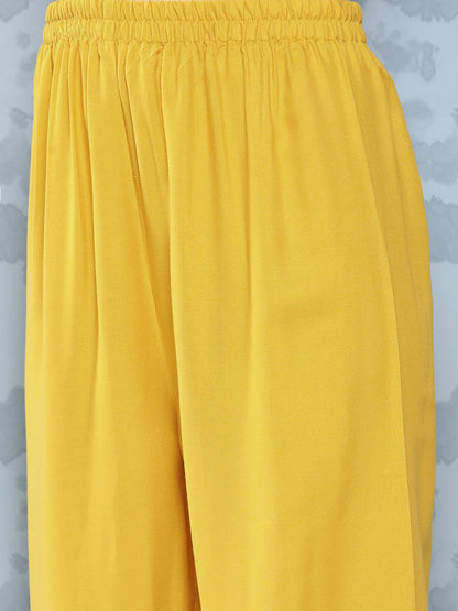 Women's Yellow Embroidered Straight Kurta With Palazzo And Net Dupatta