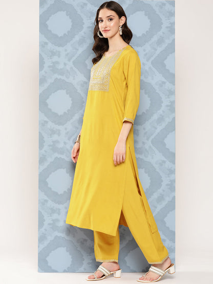 Women's Yellow Embroidered Straight Kurta With Palazzo And Net Dupatta