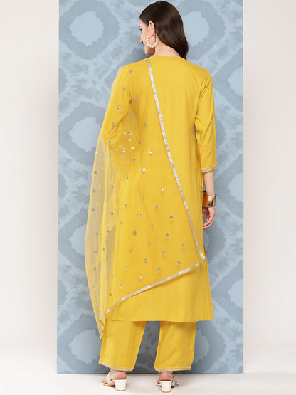 Women's Yellow Embroidered Straight Kurta With Palazzo And Net Dupatta