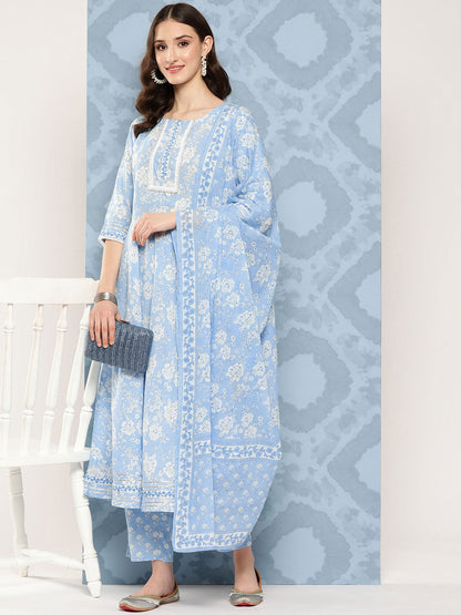 Women's Blue Printed Flared Kurta And Trouser With Dupatta