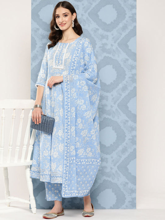 Women's Blue Printed Flared Kurta And Trouser With Dupatta