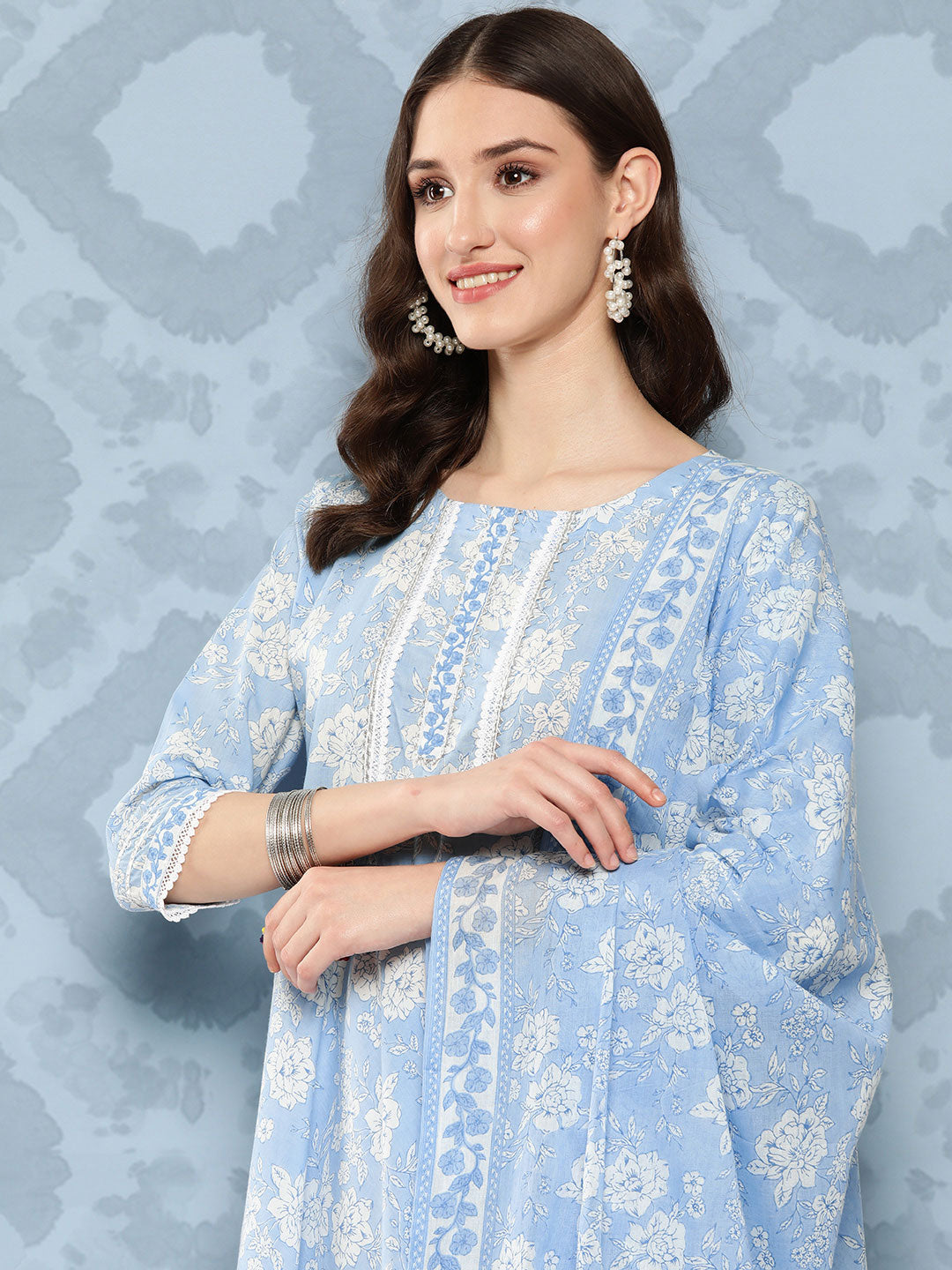 Women's Blue Printed Flared Kurta And Trouser With Dupatta