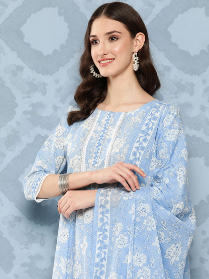 Women's Blue Printed Flared Kurta And Trouser With Dupatta