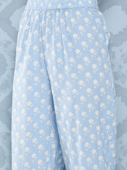 Women's Blue Printed Flared Kurta And Trouser With Dupatta