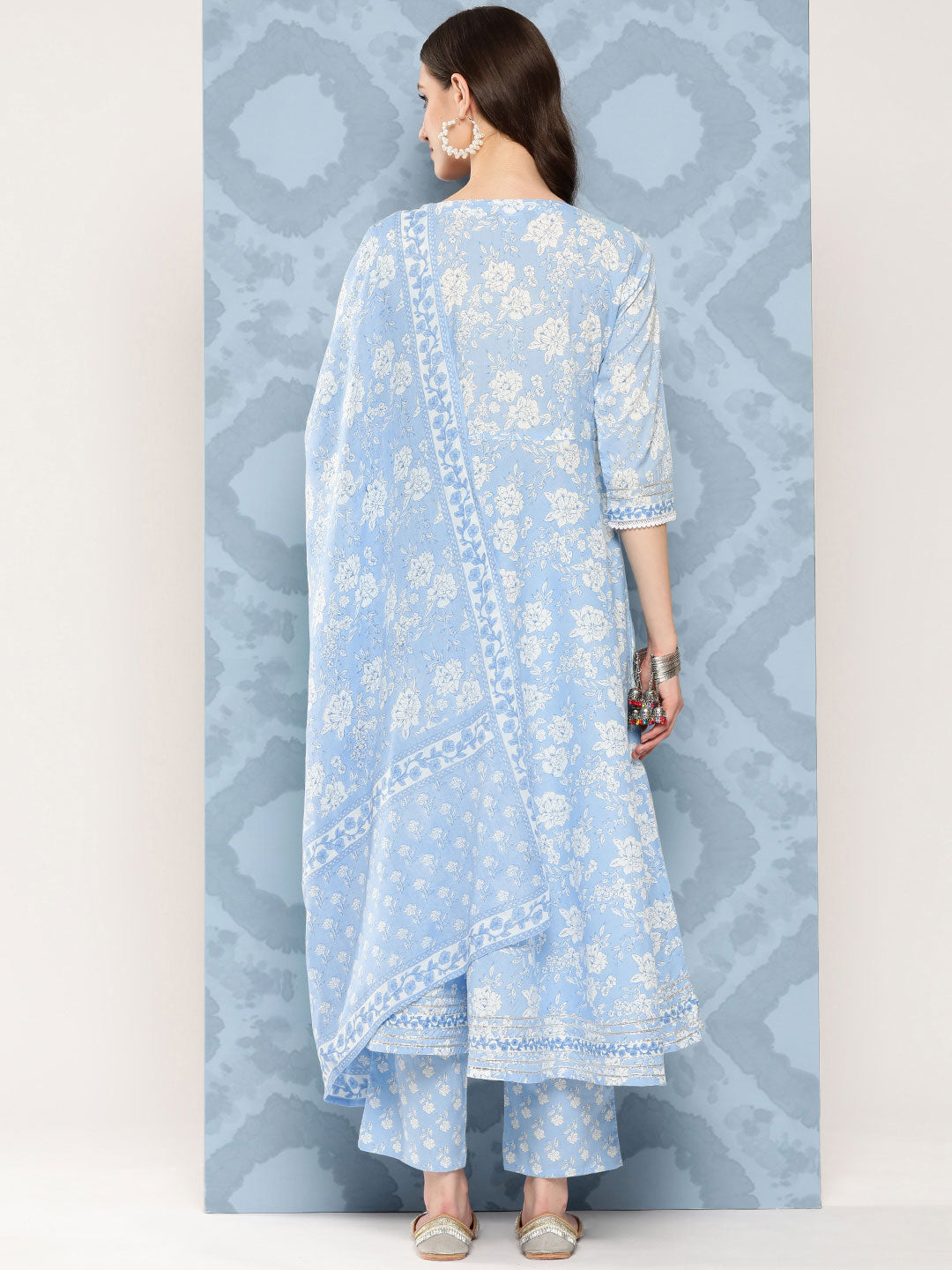Women's Blue Printed Flared Kurta And Trouser With Dupatta