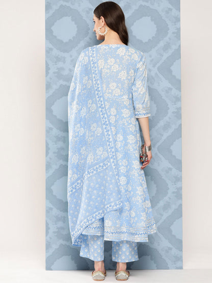 Women's Blue Printed Flared Kurta And Trouser With Dupatta