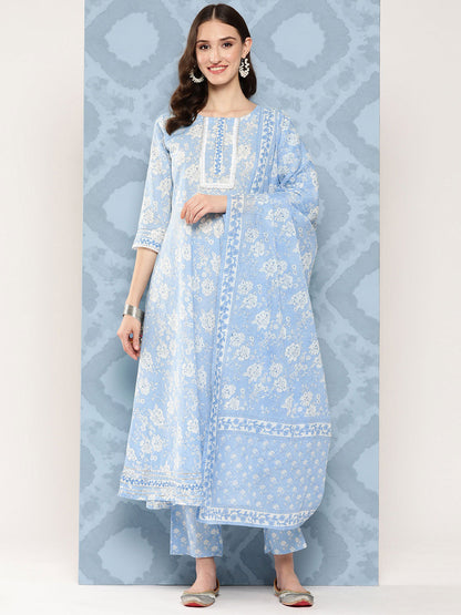 Women's Blue Printed Flared Kurta And Trouser With Dupatta