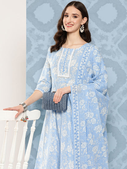 Women's Blue Printed Flared Kurta And Trouser With Dupatta
