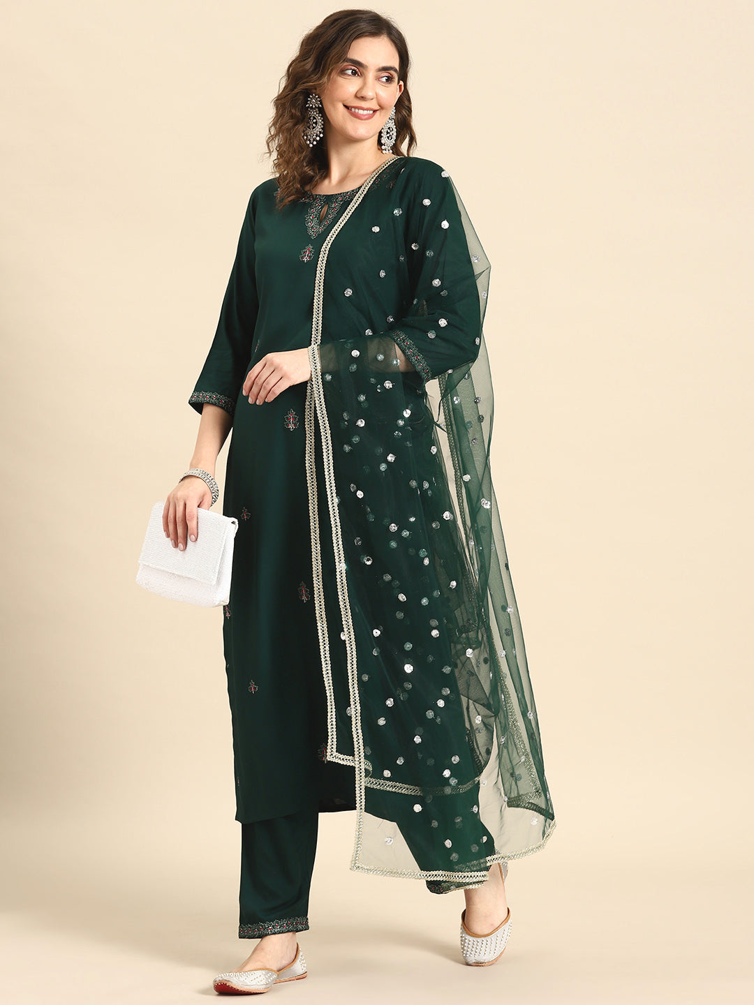 Women's Green Embroidered Straight Kurta With Palazzo And Net Dupatta