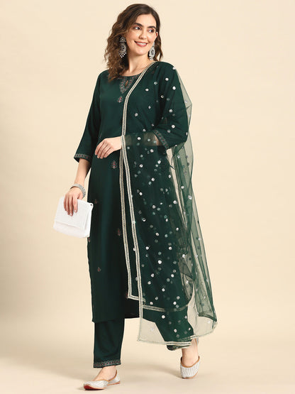 Women's Green Embroidered Straight Kurta With Palazzo And Net Dupatta