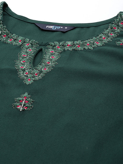 Women's Green Embroidered Straight Kurta With Palazzo And Net Dupatta