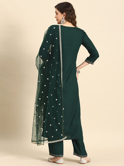 Women's Green Embroidered Straight Kurta With Palazzo And Net Dupatta