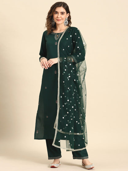 Women's Green Embroidered Straight Kurta With Palazzo And Net Dupatta