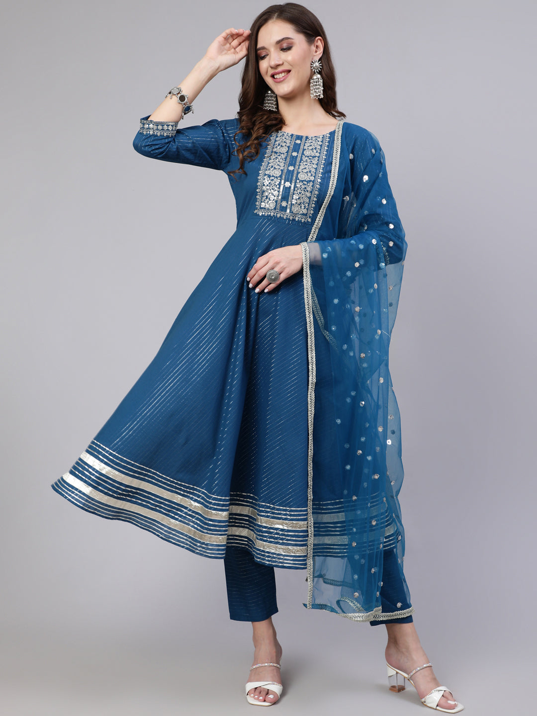 Women's Teal Blue Embroidered Flared Kurta With Trouser And Dupatta