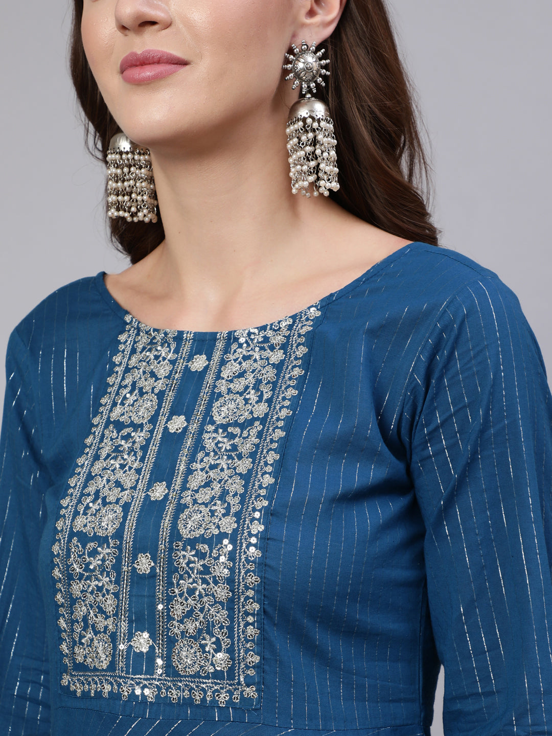 Women's Teal Blue Embroidered Flared Kurta With Trouser And Dupatta