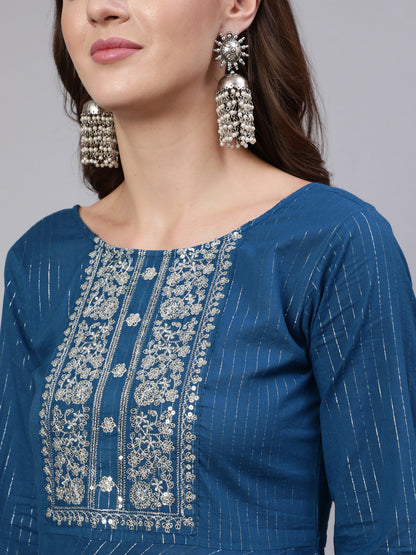 Women's Teal Blue Embroidered Flared Kurta With Trouser And Dupatta