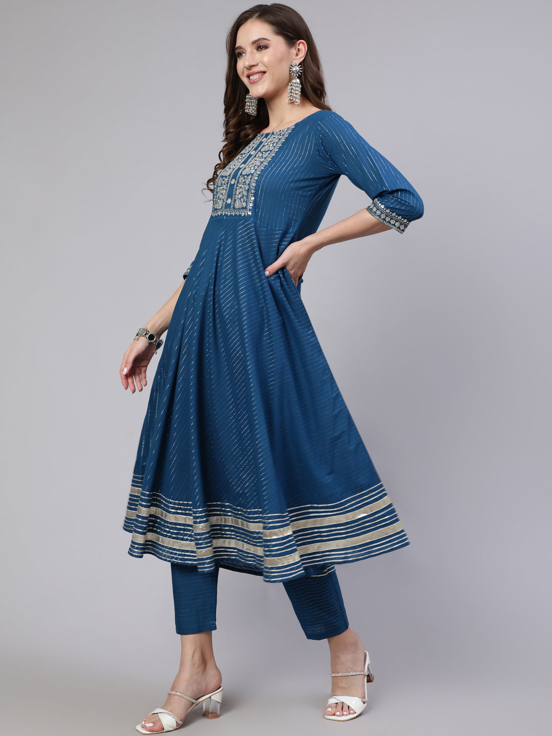 Women's Teal Blue Embroidered Flared Kurta With Trouser And Dupatta