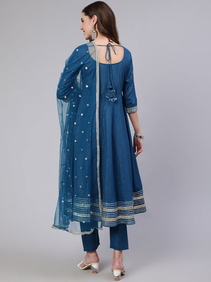Women's Teal Blue Embroidered Flared Kurta With Trouser And Dupatta