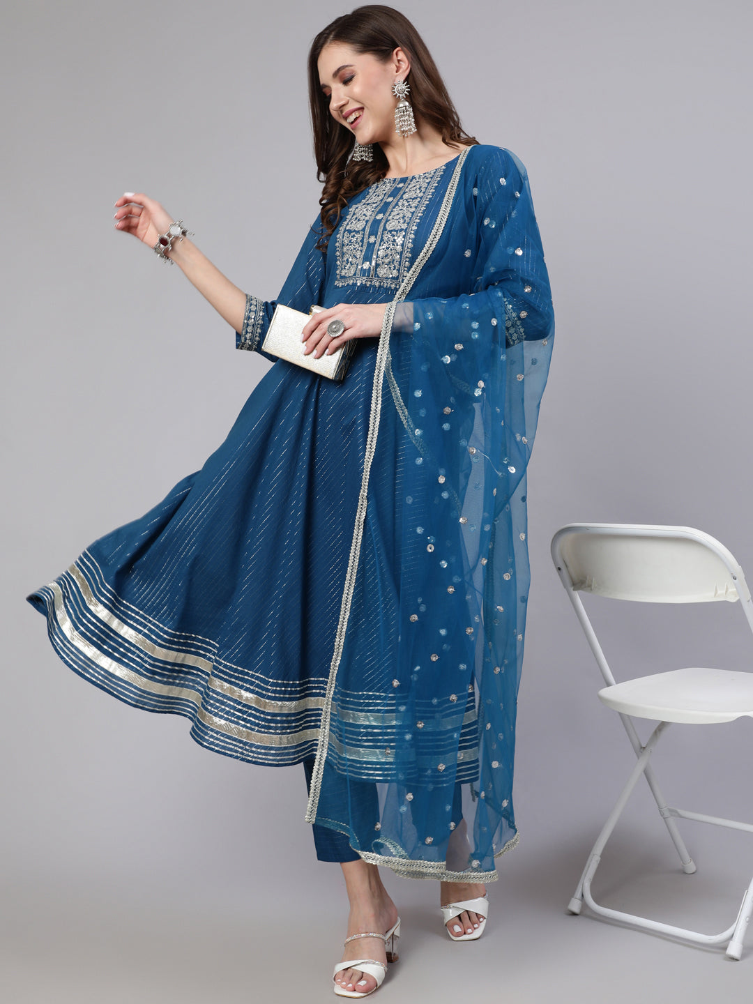 Women's Teal Blue Embroidered Flared Kurta With Trouser And Dupatta