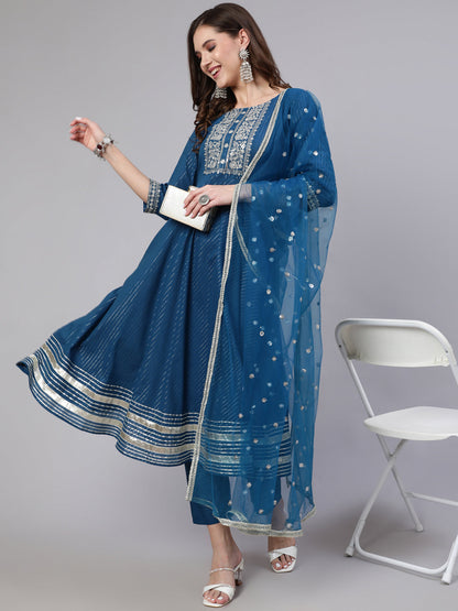 Women's Teal Blue Embroidered Flared Kurta With Trouser And Dupatta