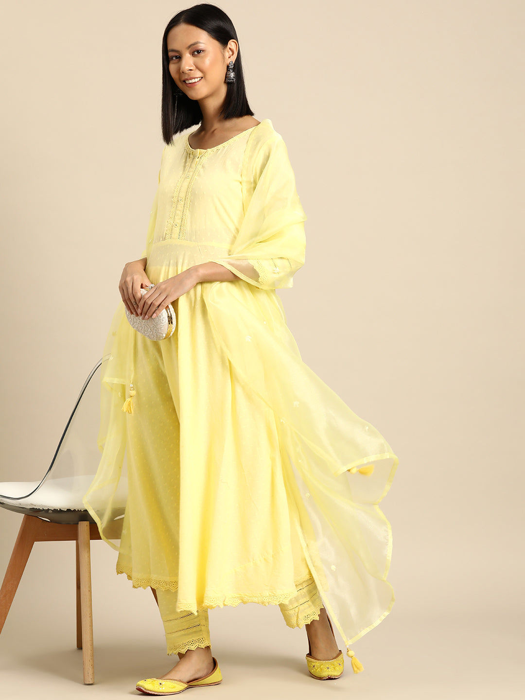 Women's Yellow Lace Detailing Kurta With Trouser And Scalped Dupatta