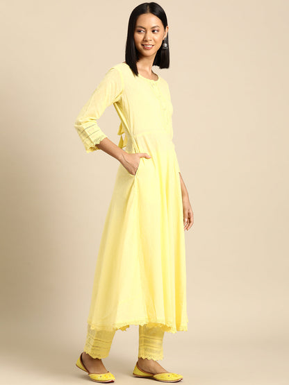 Women's Yellow Lace Detailing Kurta With Trouser And Scalped Dupatta