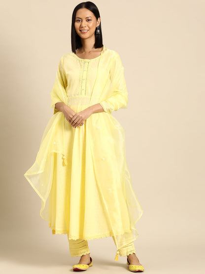 Women's Yellow Lace Detailing Kurta With Trouser And Scalped Dupatta