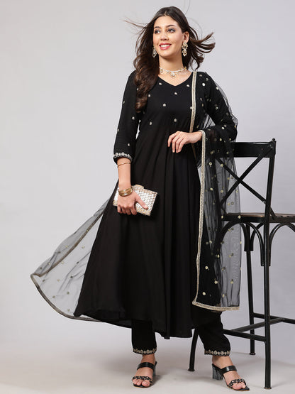 Women's Black Embroidered Flared Kurta With Trouser And Net Dupatta