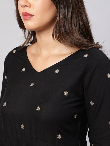 Women's Black Embroidered Flared Kurta With Trouser And Net Dupatta