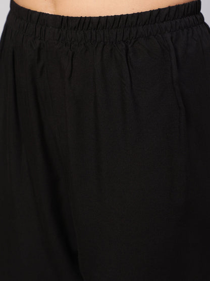 Women's Black Embroidered Flared Kurta With Trouser And Net Dupatta