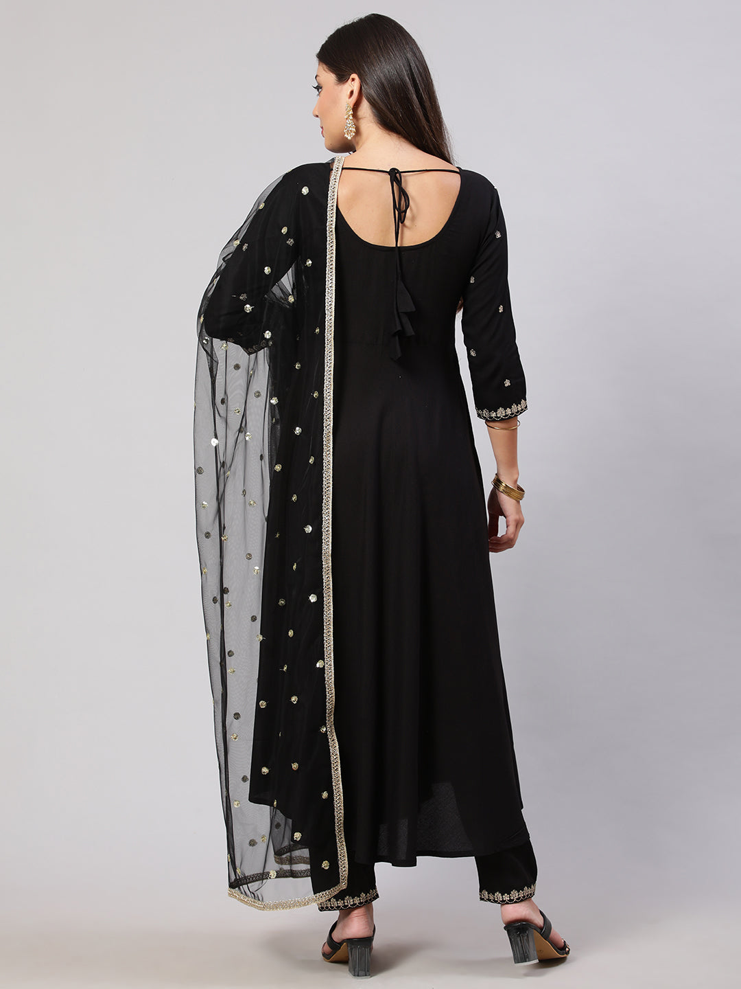 Women's Black Embroidered Flared Kurta With Trouser And Net Dupatta