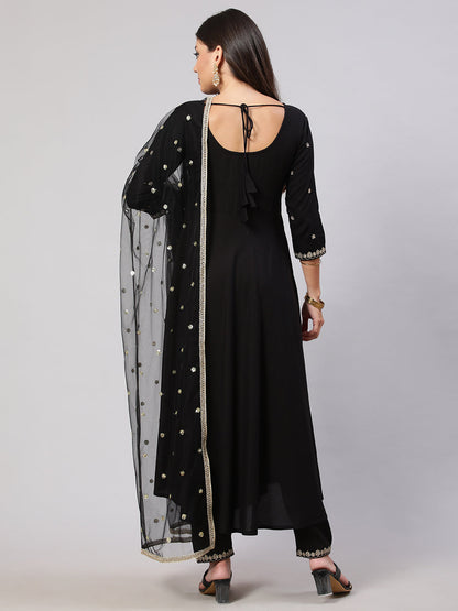 Women's Black Embroidered Flared Kurta With Trouser And Net Dupatta