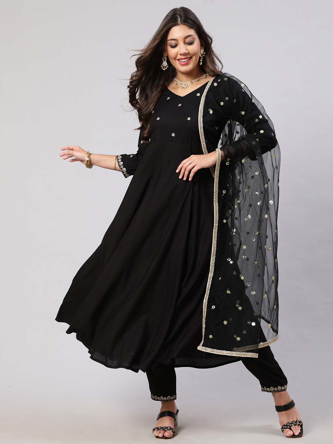 Women's Black Embroidered Flared Kurta With Trouser And Net Dupatta