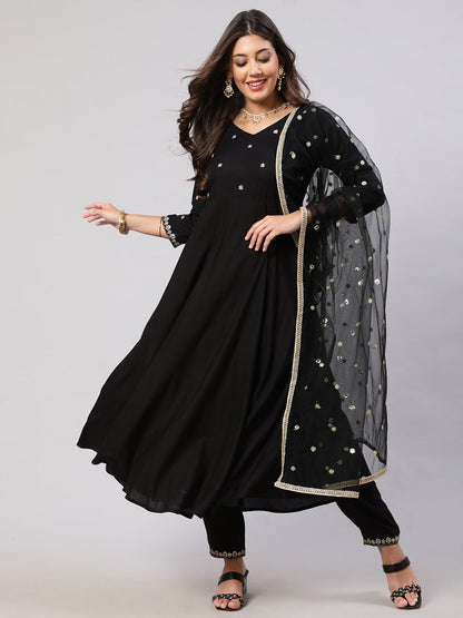 Women's Black Embroidered Flared Kurta With Trouser And Net Dupatta