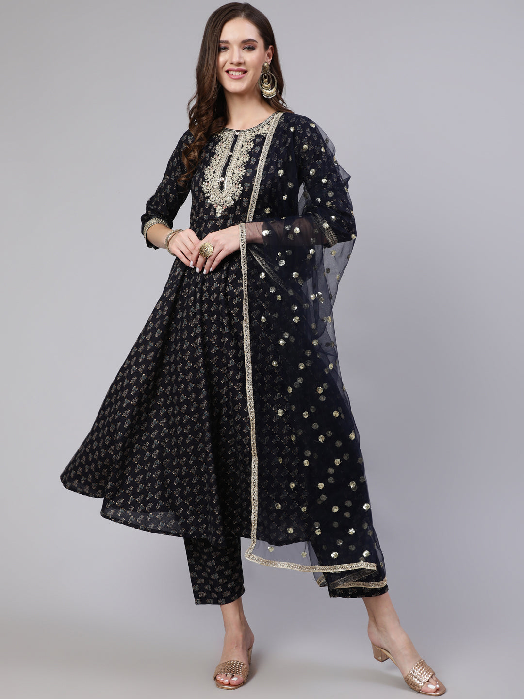 Women's Navy Blue Embroidered Flared Kurta With Trouser And Dupatta