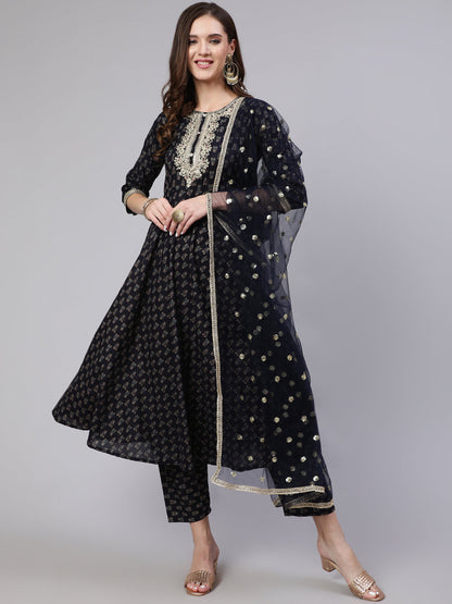 Women's Navy Blue Embroidered Flared Kurta With Trouser And Dupatta