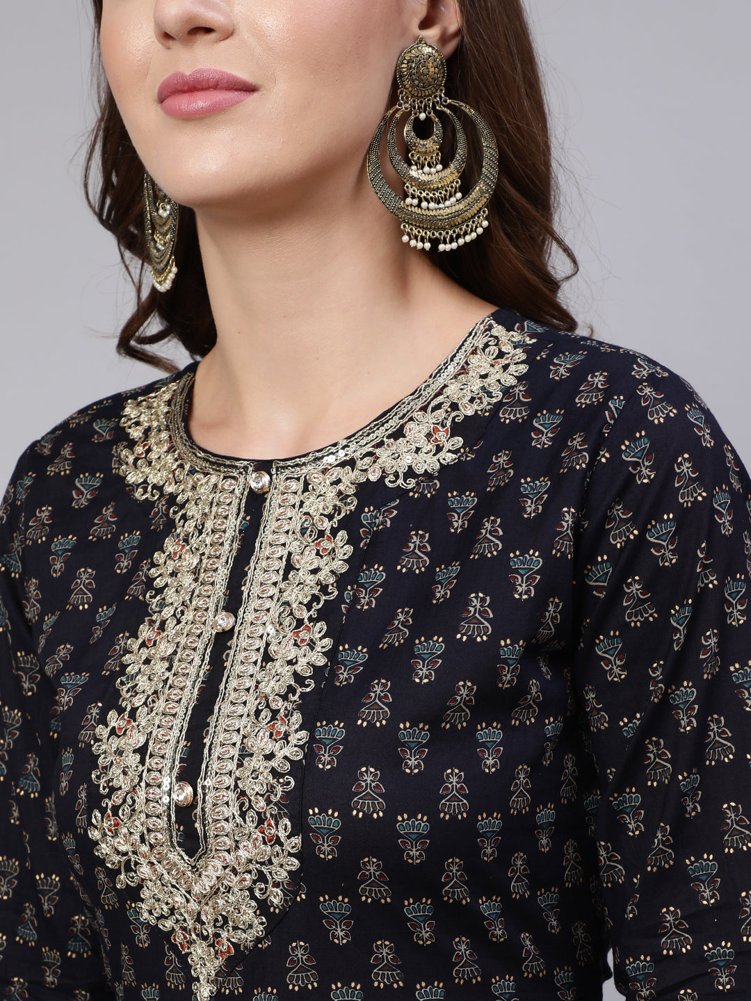 Women's Navy Blue Embroidered Flared Kurta With Trouser And Dupatta