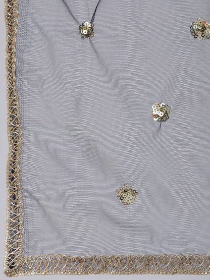 Women's Navy Blue Embroidered Flared Kurta With Trouser And Dupatta