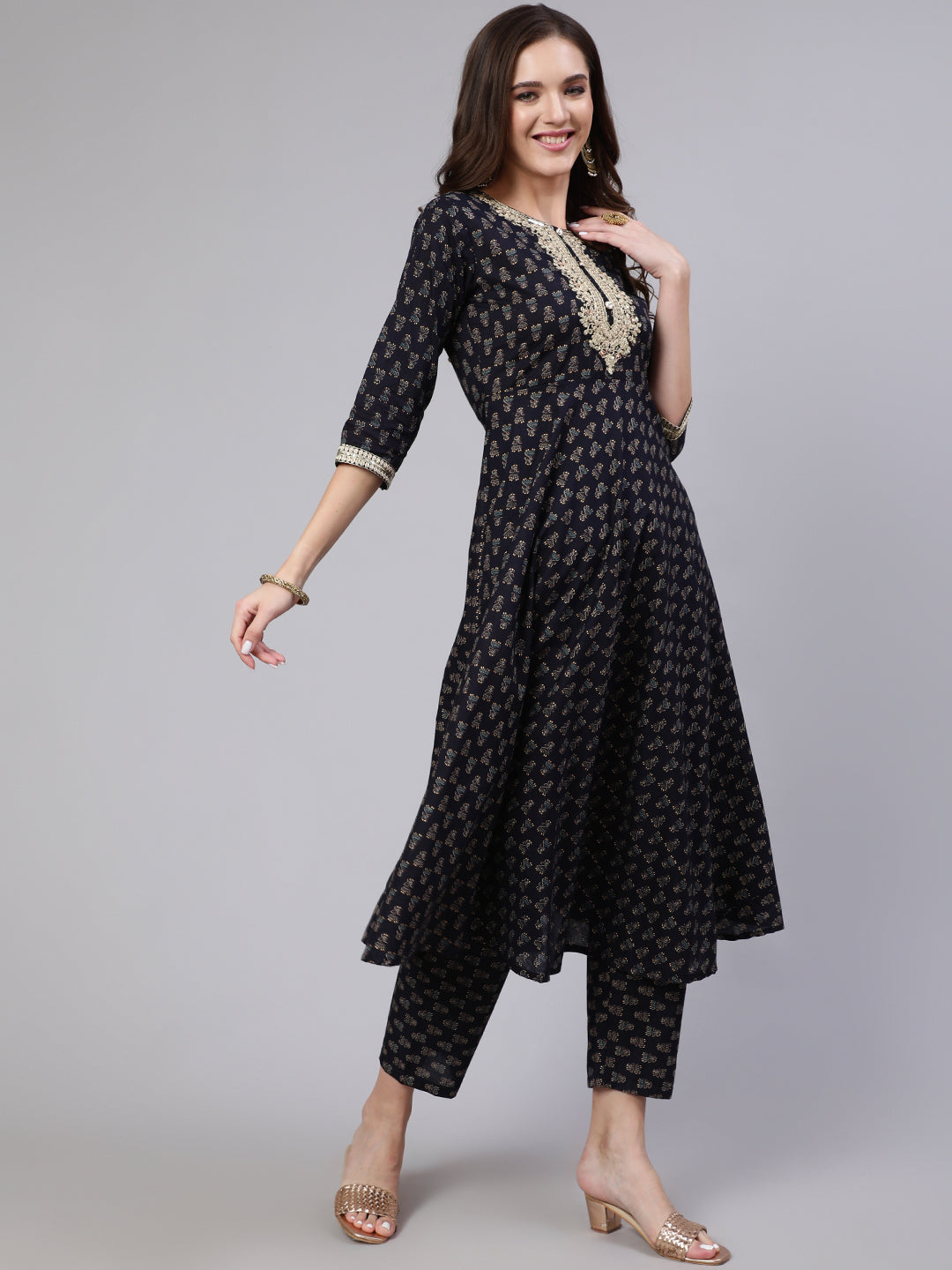Women's Navy Blue Embroidered Flared Kurta With Trouser And Dupatta