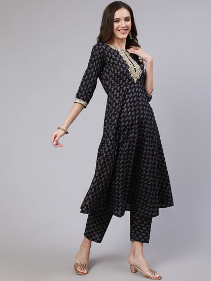 Women's Navy Blue Embroidered Flared Kurta With Trouser And Dupatta