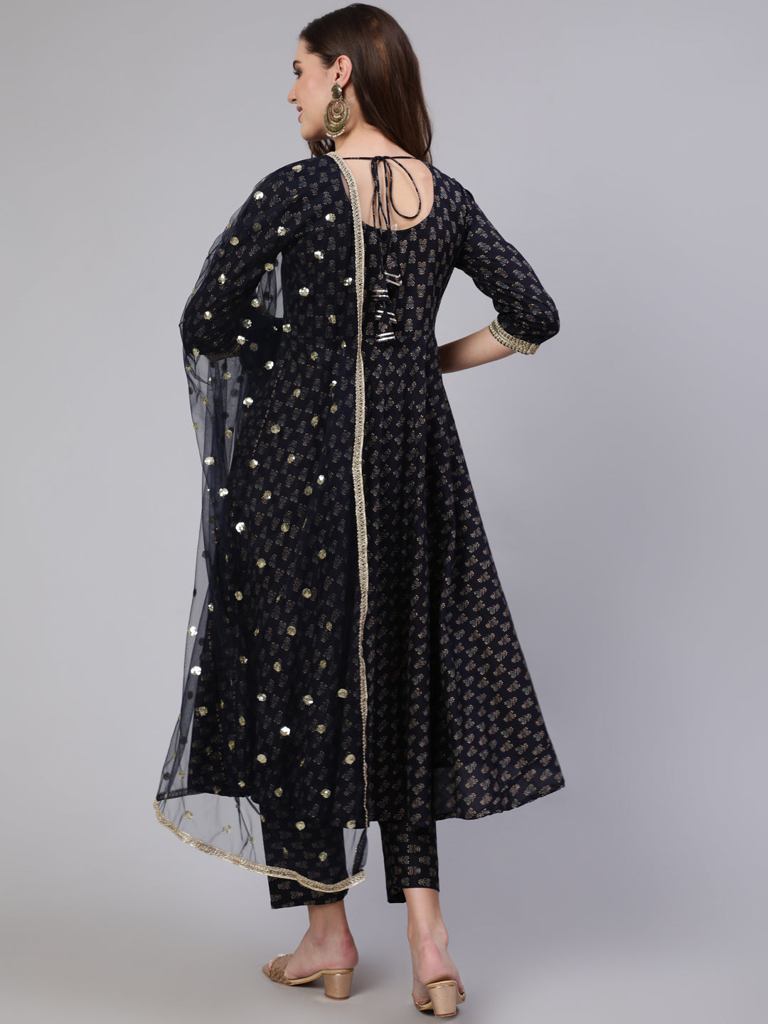 Women's Navy Blue Embroidered Flared Kurta With Trouser And Dupatta