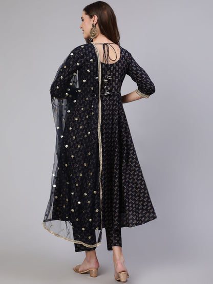 Women's Navy Blue Embroidered Flared Kurta With Trouser And Dupatta