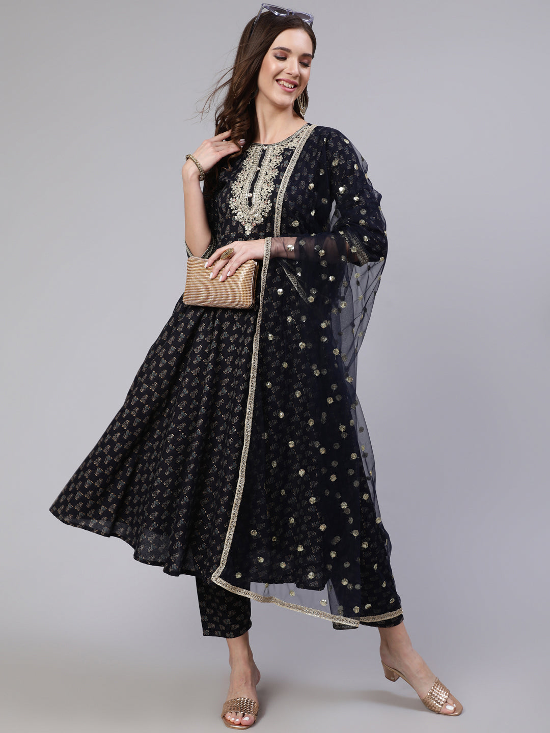 Women's Navy Blue Embroidered Flared Kurta With Trouser And Dupatta