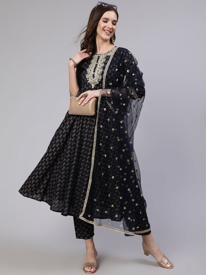 Women's Navy Blue Embroidered Flared Kurta With Trouser And Dupatta