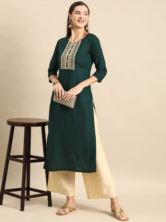 Women's Green Embroidered Yoke Desgin Straight Kurta