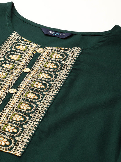Women's Green Embroidered Yoke Desgin Straight Kurta