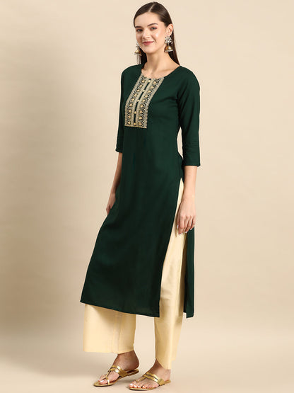 Women's Green Embroidered Yoke Desgin Straight Kurta