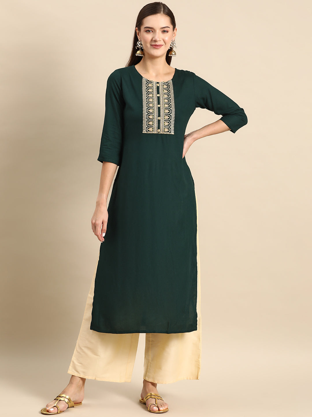 Women's Green Embroidered Yoke Desgin Straight Kurta
